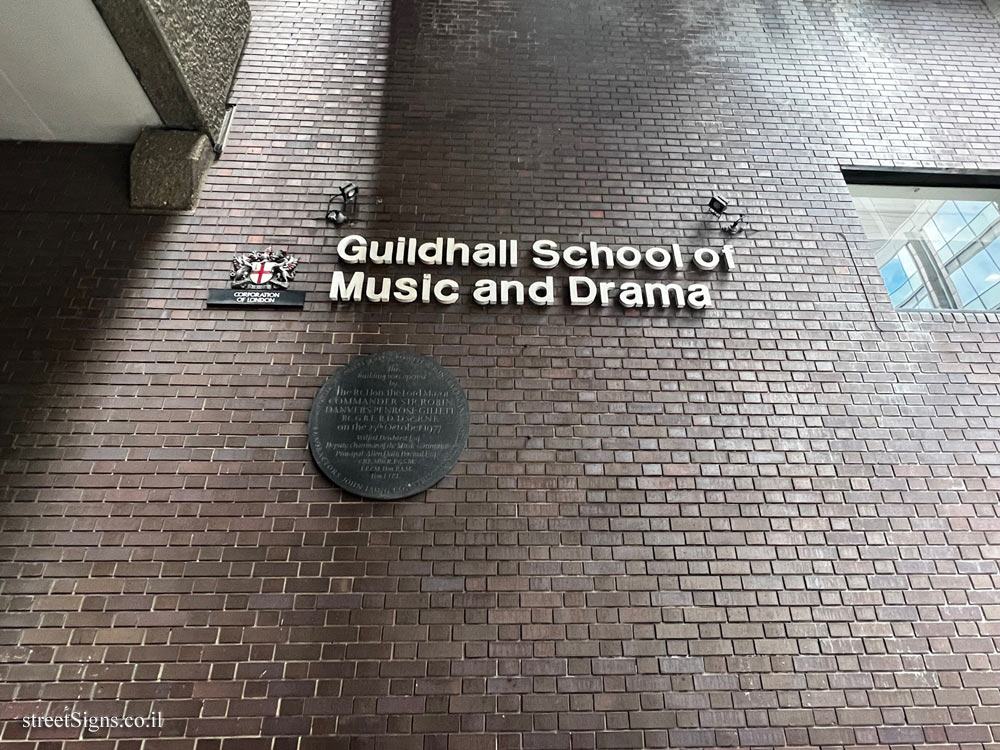 London - Sign on the building of the Guildhall School of Music and Drama - 153 Silk St, London EC2Y 9BH, UK