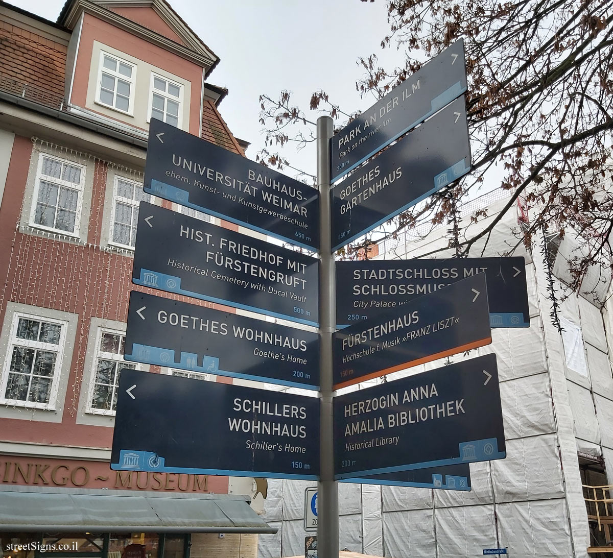 Weimar - Direction signs for city sites including Goethe and Schiller’s home