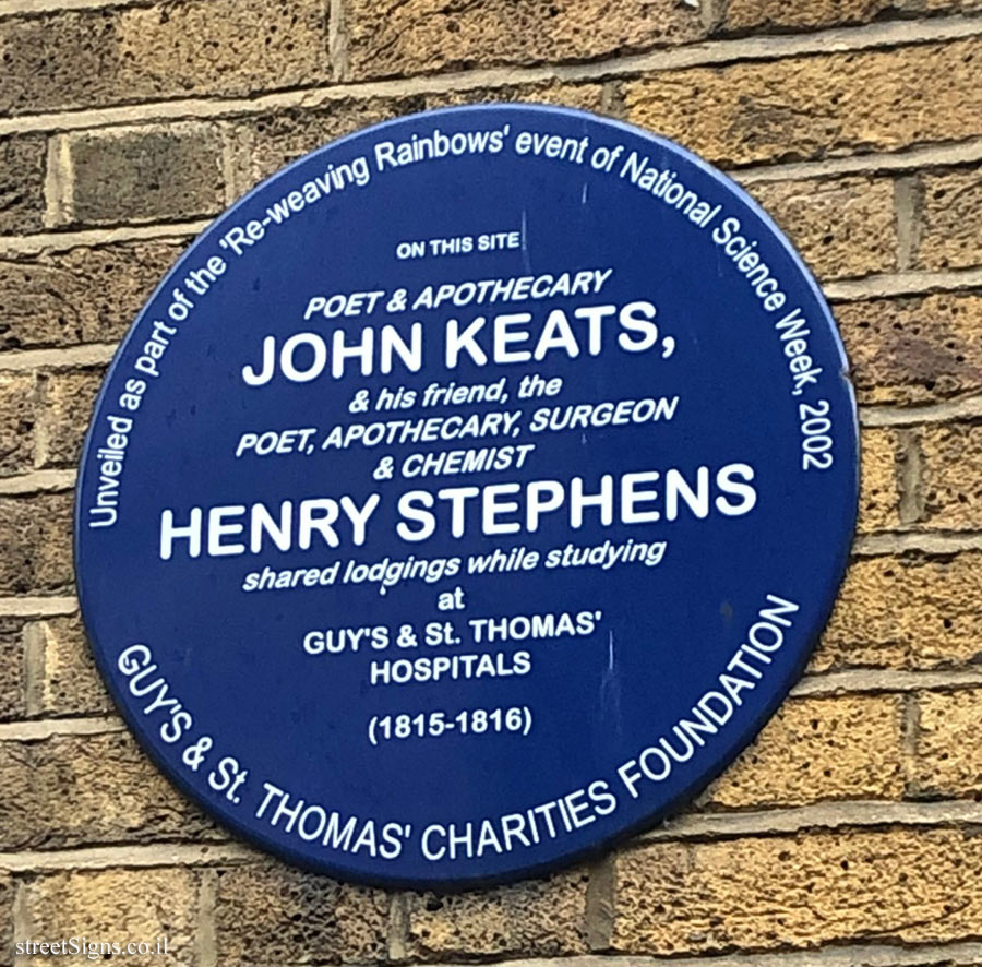 LONDON - A memorial plaque where John Keats and Henry Stephens lived