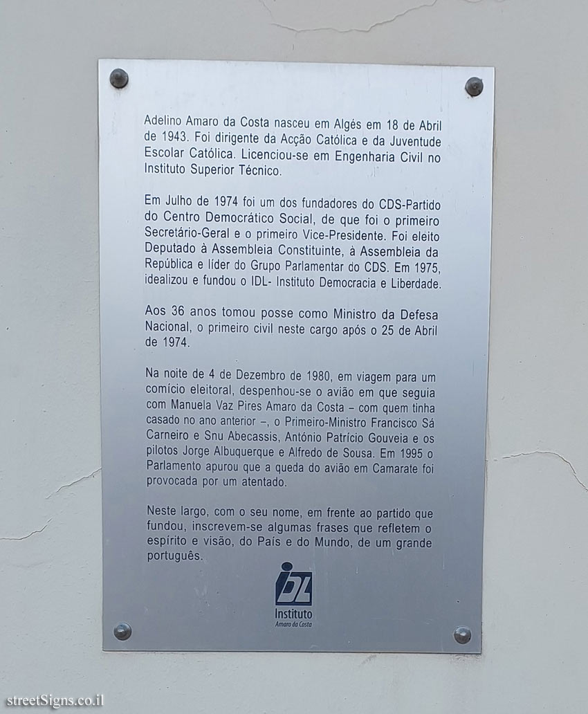 Lisbon - Commemorative plaque for Adelino Amaro da Costa