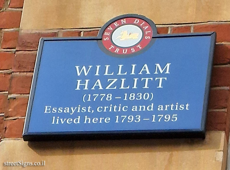 London - commemorative plaque in the house where the essayist William Hazlitt lived