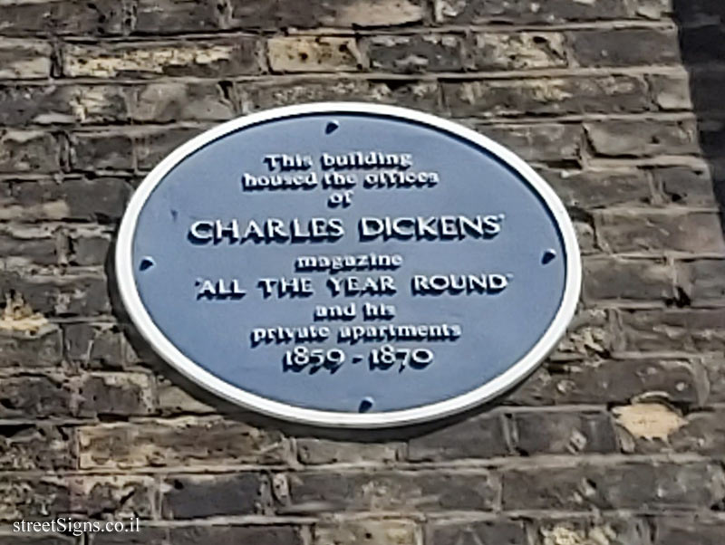 London - A memorial plaque on the home of Charles Dickens and the magazine office he edited