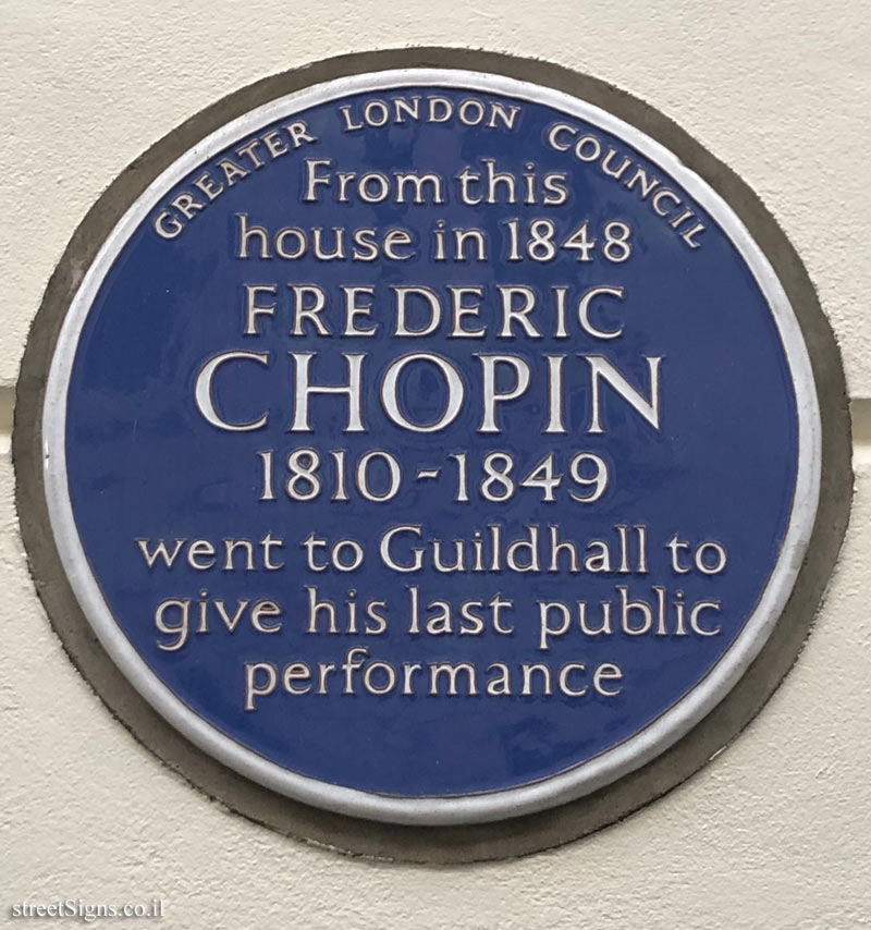 London -  A commemorative plaque on the house from which Chopin went to his last concert