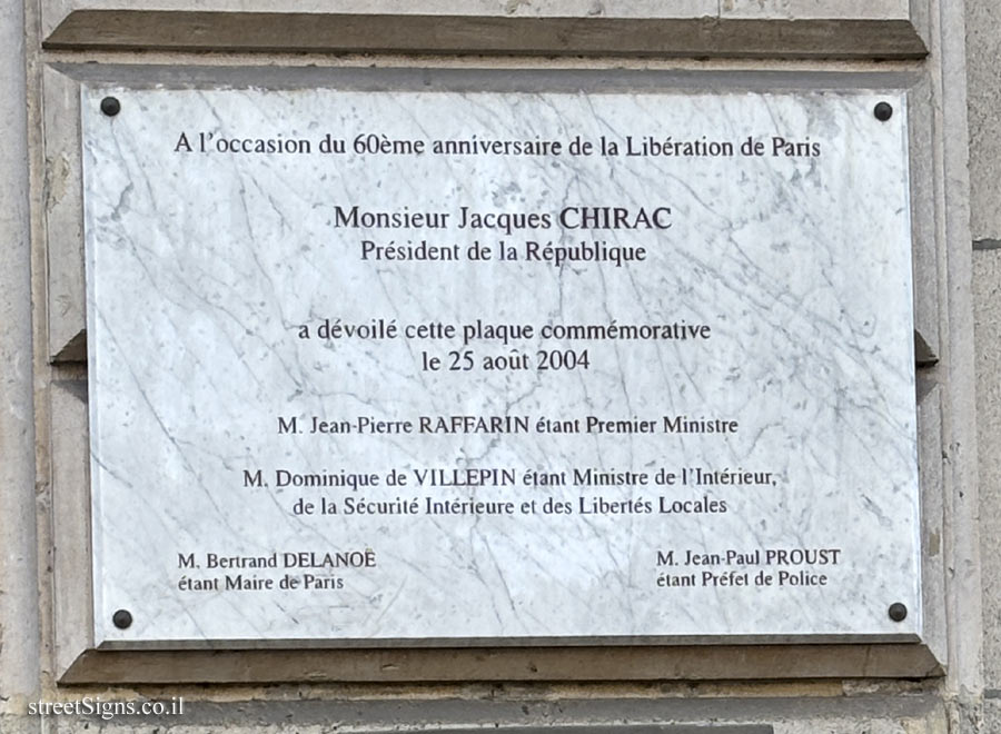 Paris - A sign commemorating the liberation of Paris at the Paris Police Building - 9 Bd du Palais, 75004 Paris, France