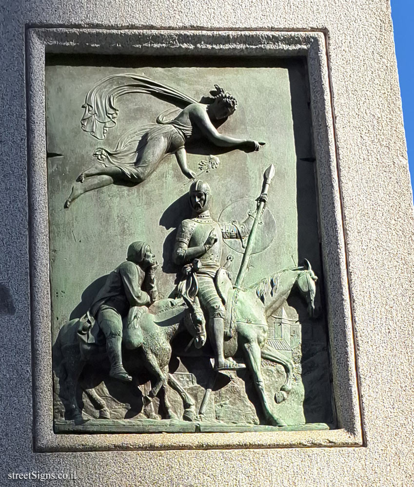 Madrid - Statue of Miguel de Cervantes - Don Quixote and Sancho Penza are led by the Goddess of Madness