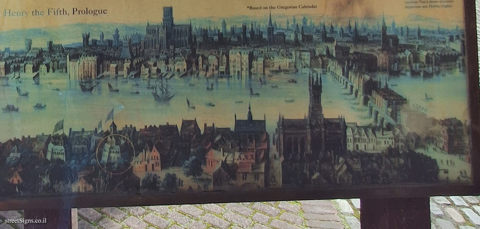 London - Information about the Globe Theatre at the location where the theatre was located - Drawing of London from Shakespeare’s time