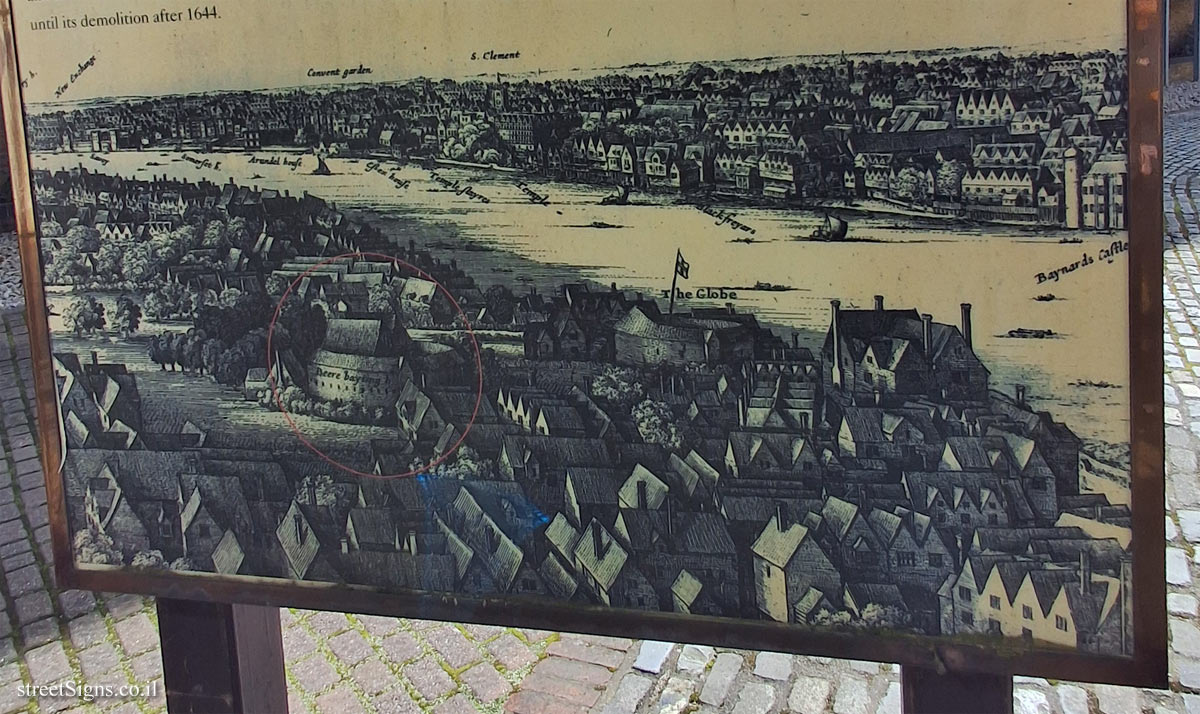London - Information about the Globe Theatre at the location where the theatre was located - Drawing of London from 1640