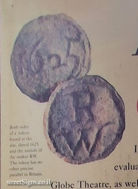 London - Information about the Globe Theatre at the location where the theatre was located - Coin found at the site