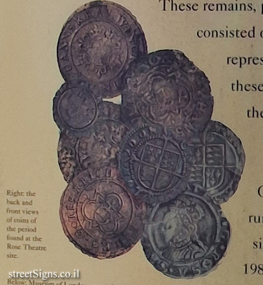 London - Information about the Globe Theatre at the location where the theatre was located - Coins found at the Rose Theatre site