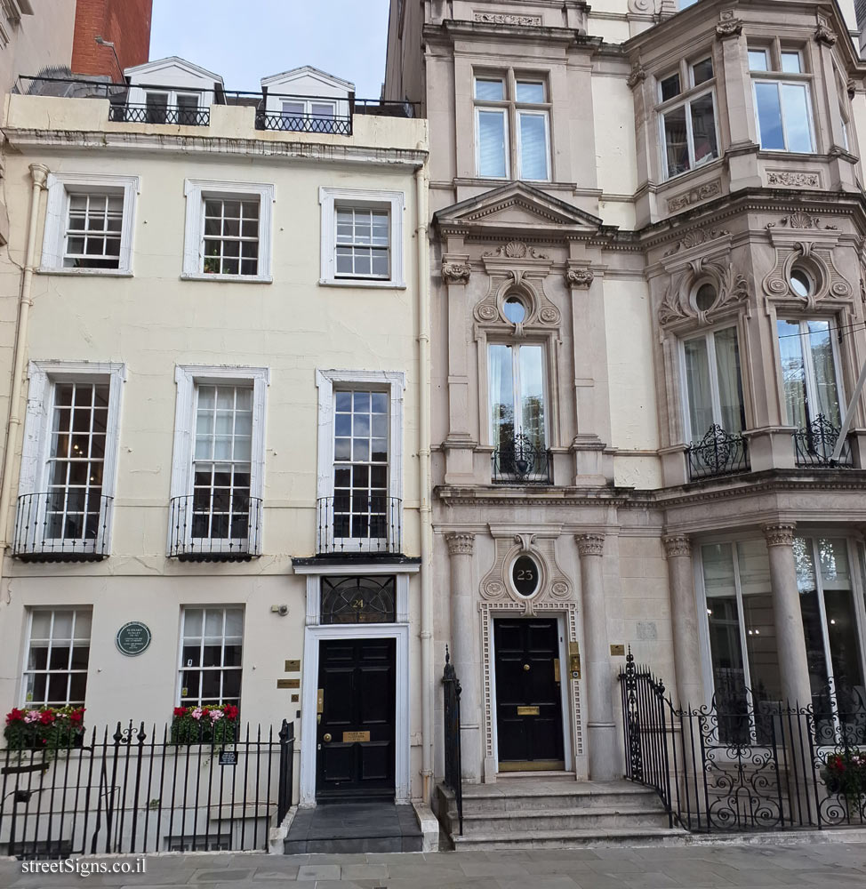 London - Memorial plaque at the place where the philanthropist Bernard Sanley lived and worked - 24 Berkeley Square, London W1J 6HN, UK