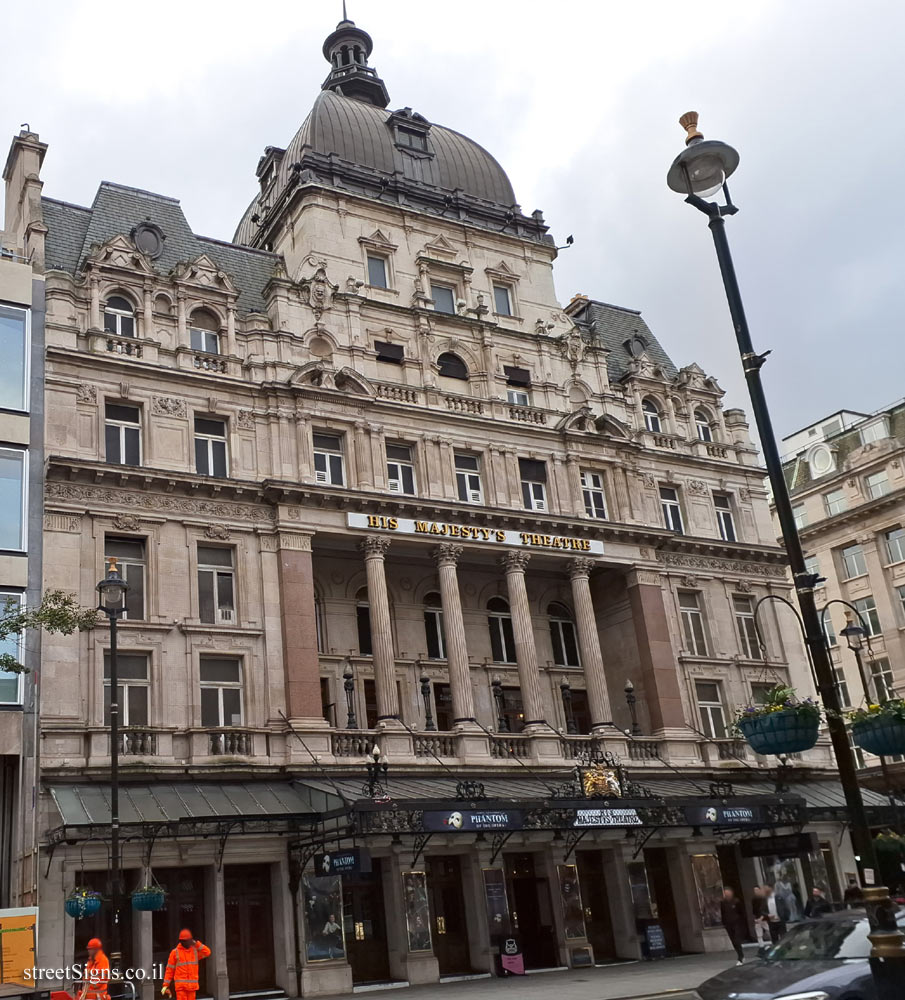 London - Memorial plaque at His Majesty’s Theatre to its founder - Herbert Beerbohm Tree - 13-7 Charles II St, London SW1, UK