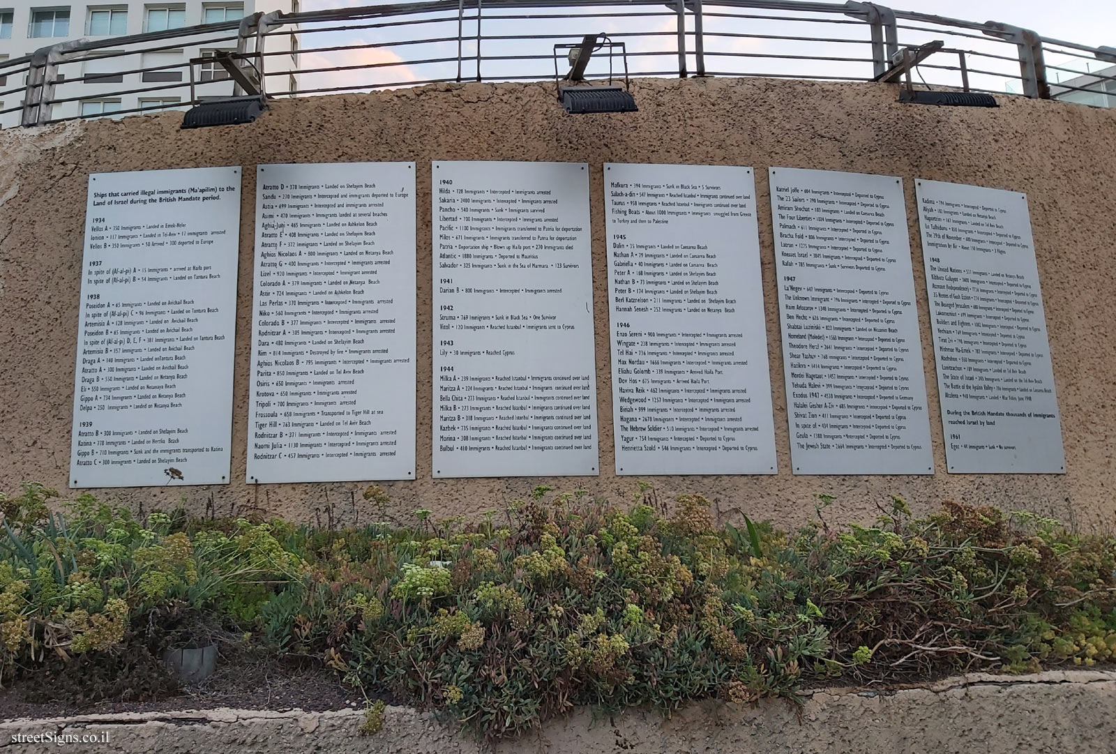 Tel Aviv - London Garden - The story of the illegal immigration - The names of the immigrations ships
