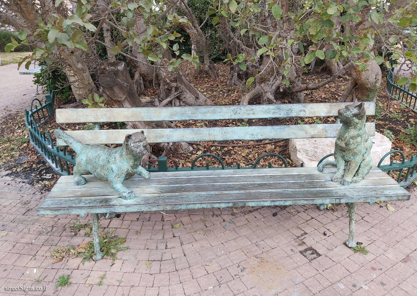 Holon - Story Garden - Two cats on one bench - Nurit St 9, Holon, Israel