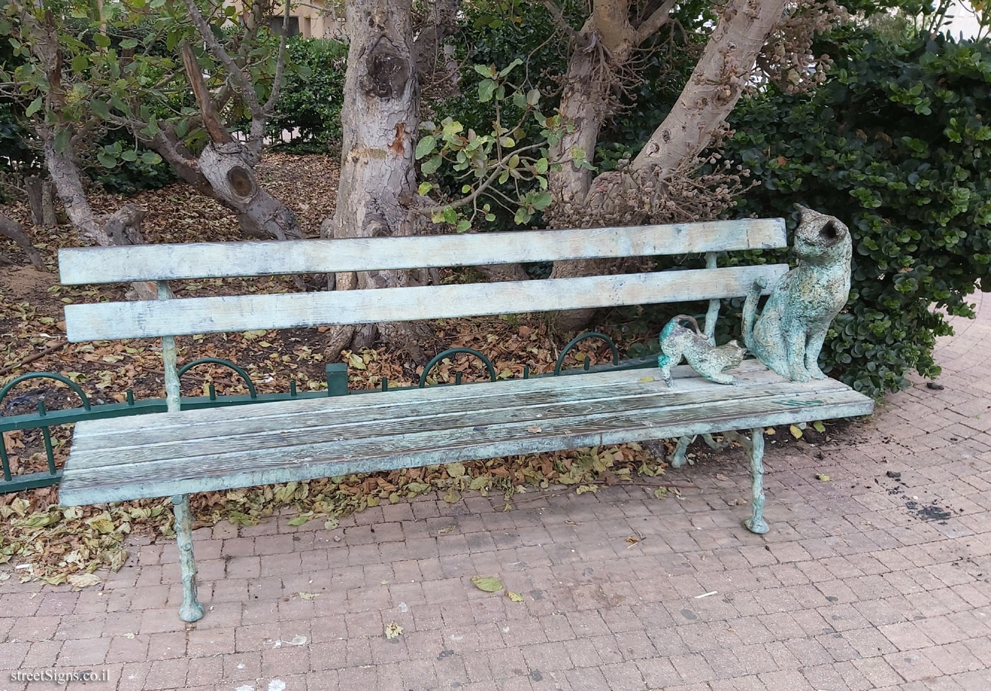 Holon - Story Garden - Two cats on one bench - Nurit St 9, Holon, Israel