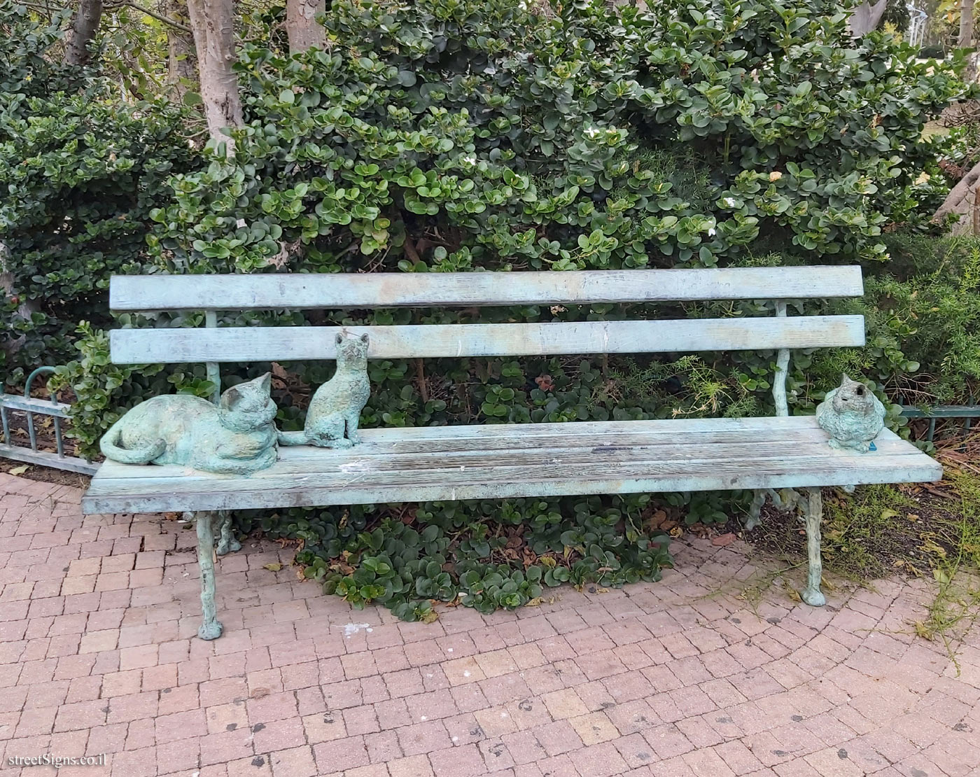 Holon - Story Garden - Two cats on one bench - Nurit St 9, Holon, Israel