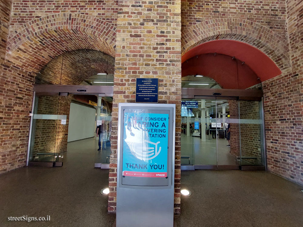 London - A sign commemorating 20 years since the opening of the Channel Tunnel - St Pancras International Station, 2SD, Euston Rd, London N1C 4AL, UK