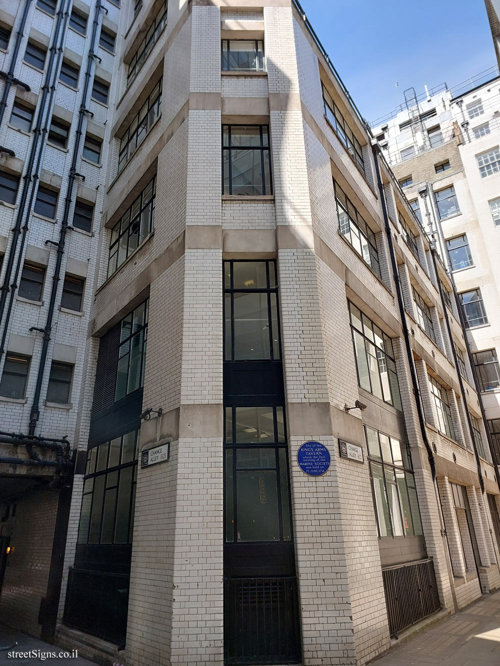London - A commemorative sign at the place of founding meeting of The Marine Society - 4, off Change Alley, Lombard St, London EC3V 9AZ, UK