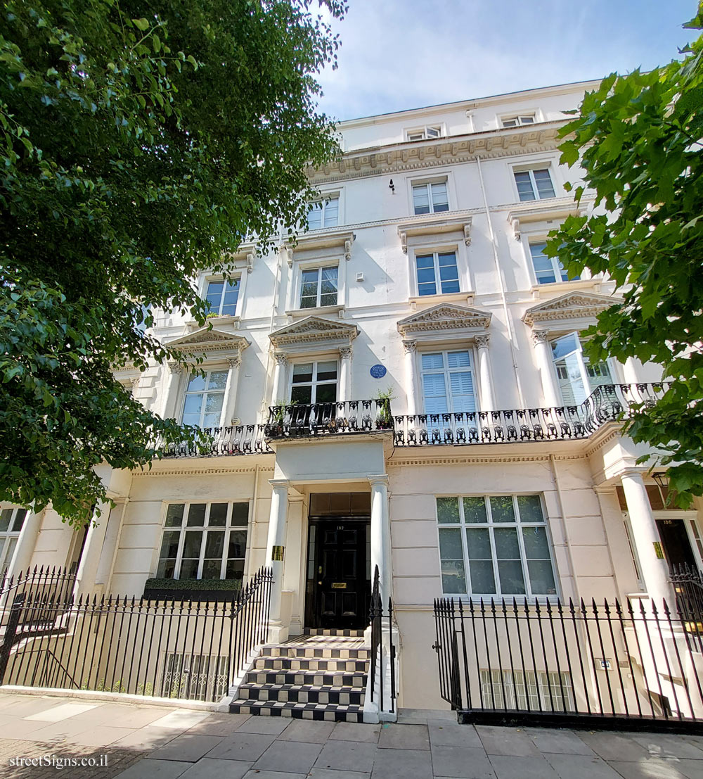 London - commemorative plaque in the place where the Greek poet Andreas Kalvos lived - 182 Sutherland Ave, London W9 1HR, UK