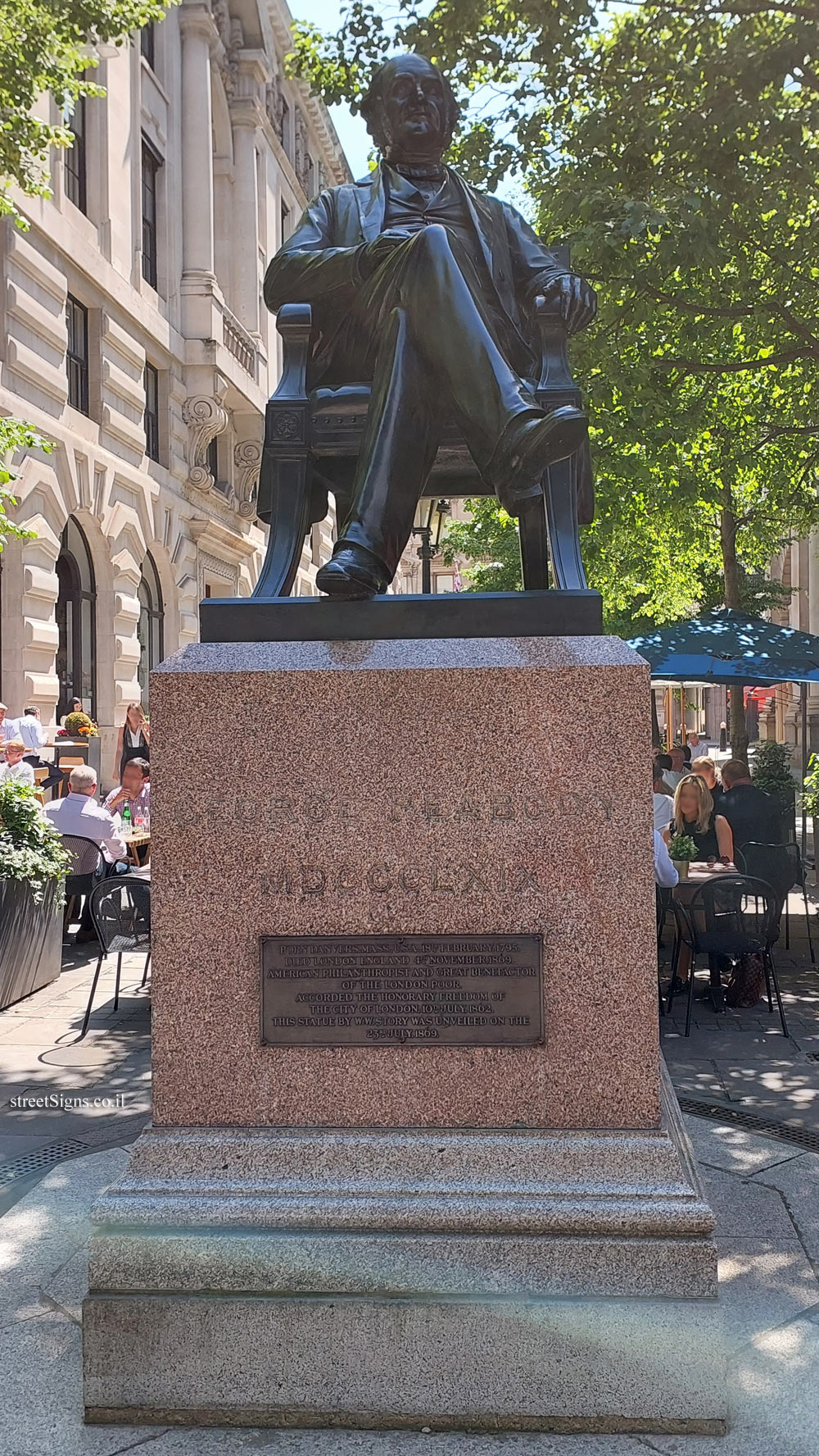 London - A statue commemorating the philanthropist George Peabody - 14 Royal Exchange, London EC3V 3LT, UK