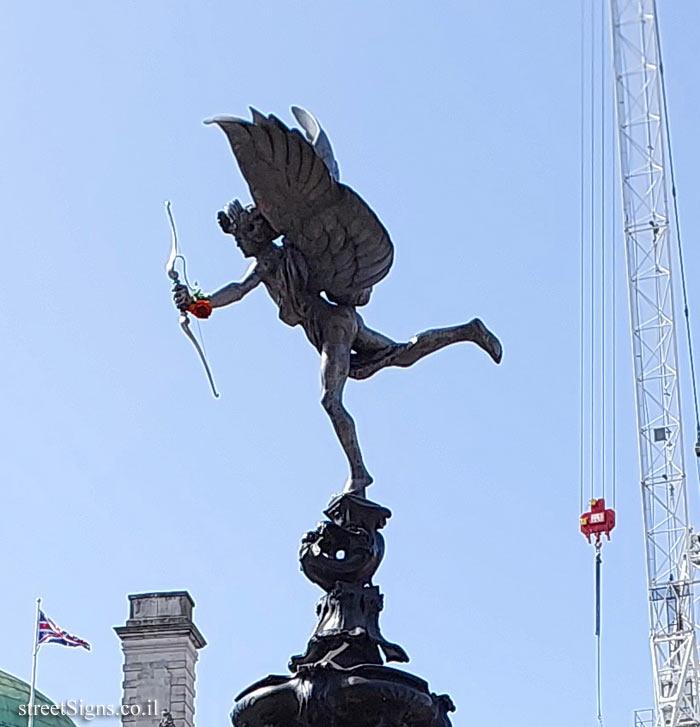 London - Commemorative plaque the 100th anniversary of the "Eros" statue in Piccadilly Circus - Piccadilly Circus, London WIJ 9HP, UK