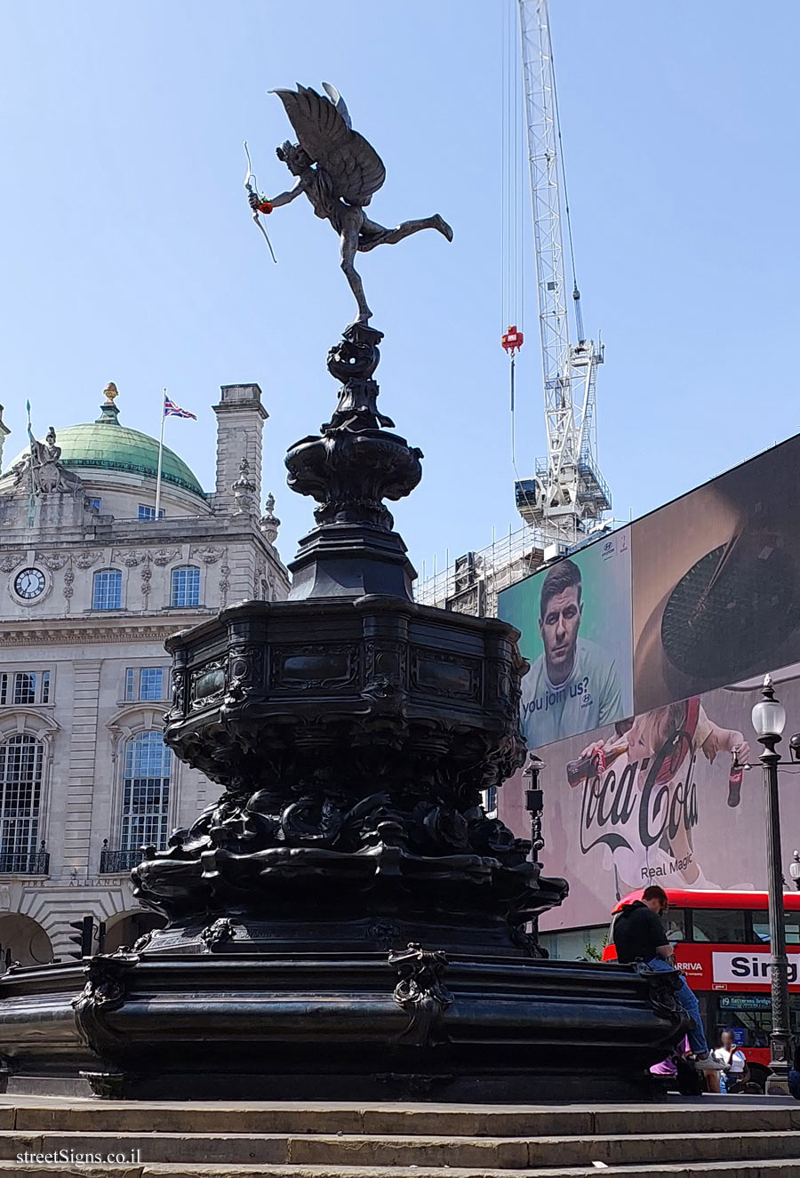 London - Commemorative plaque the 100th anniversary of the "Eros" statue in Piccadilly Circus - Piccadilly Circus, London WIJ 9HP, UK