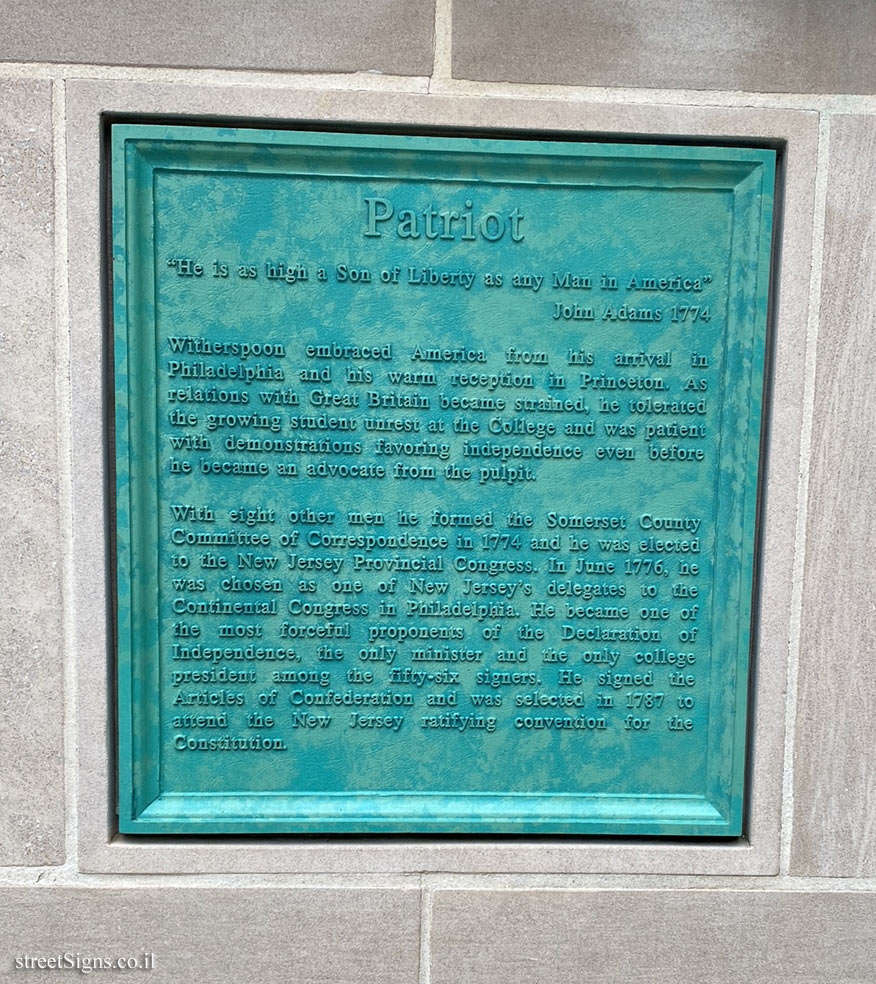 Princeton University - John Witherspoon memorial plaque - East Pyne Hall, Princeton, NJ 08542, USA