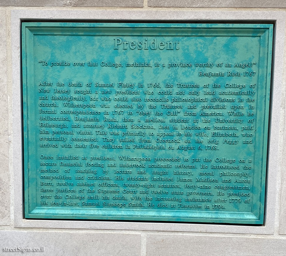 Princeton University - John Witherspoon memorial plaque - East Pyne Hall, Princeton, NJ 08542, USA