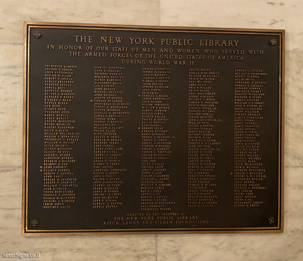 Commemorative plaques for the New York Public Library personnel who served in WWI WWII - 476 5th Ave, New York, NY 10018, USA