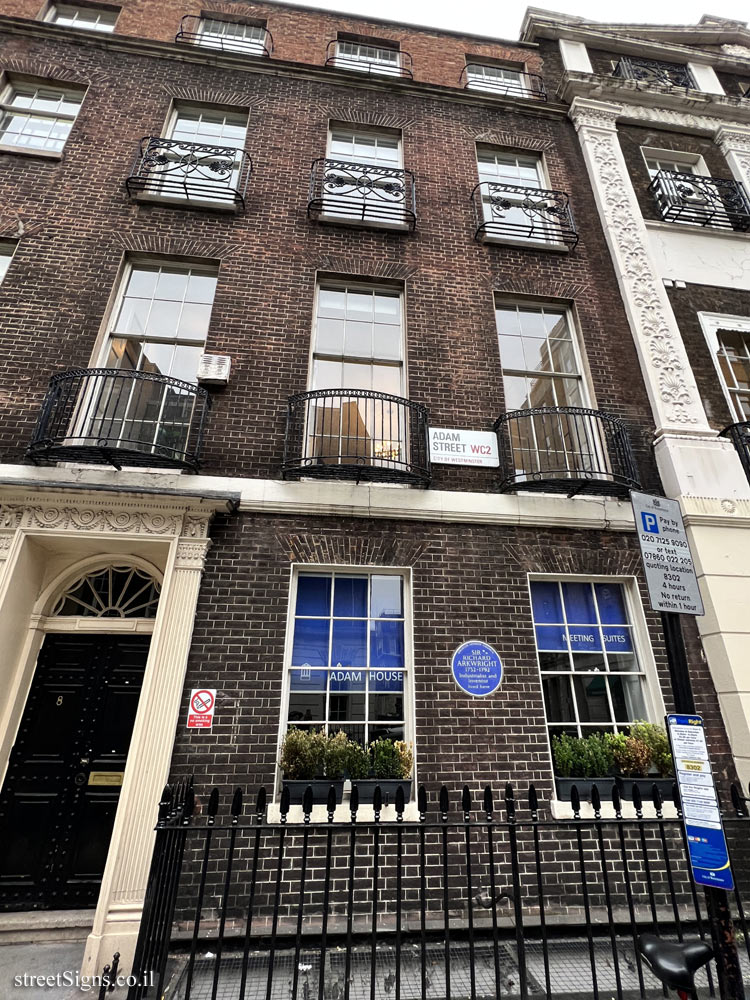 London - commemorative plaque at the place where the inventor Richard Arkwright lived - 8 Adam St, London WC2N 6AD, UK