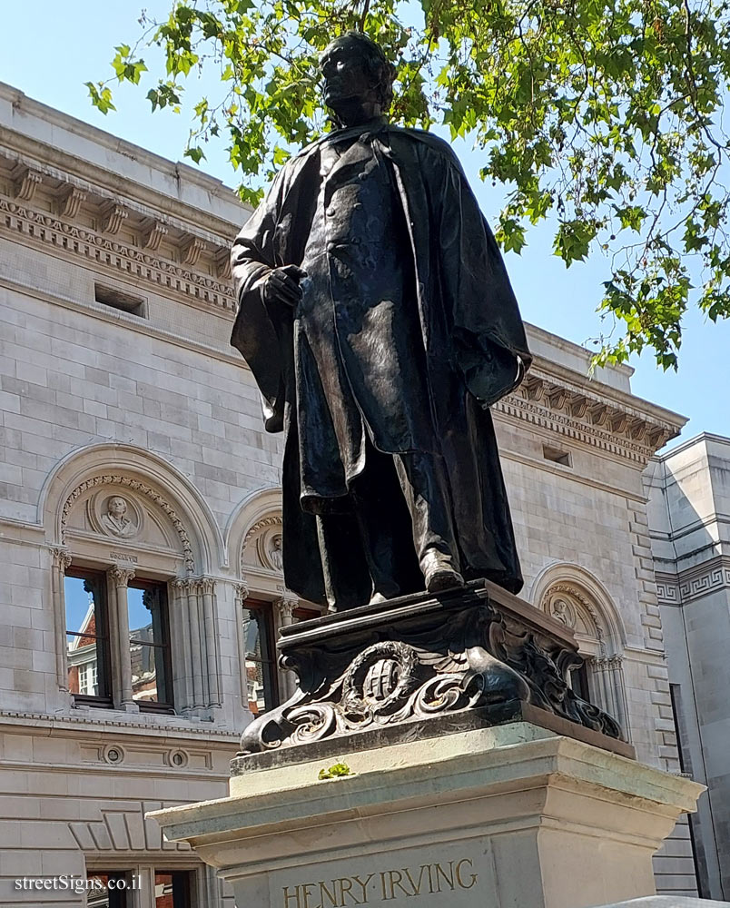 London - A statue commemorating theater actor Henry Irving - 41 Irving St, London, UK