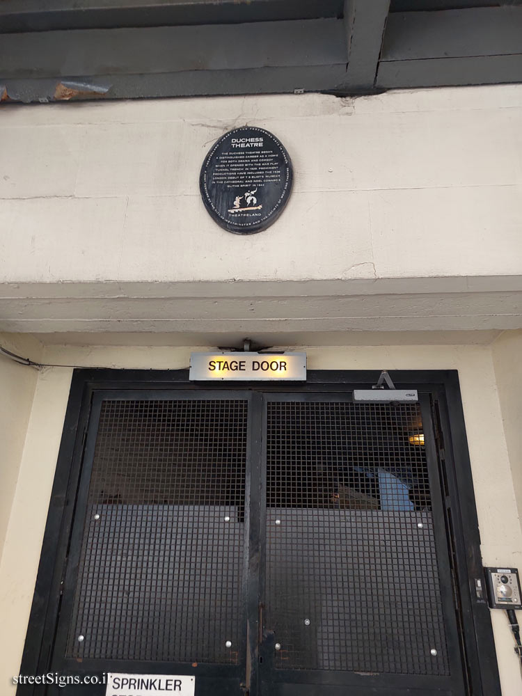 London - Commemorative plaque at the Duchess Theatre - 1-3 Catherine St, London WC2B 5JZ, UK