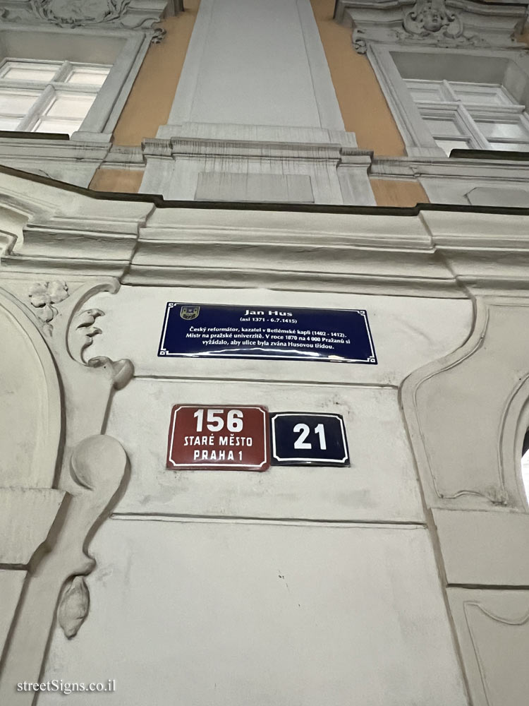 Prague - sign on the street named after Jan Hus - Husova 21, 110 00 Praha 1-Staré Město, Czechia