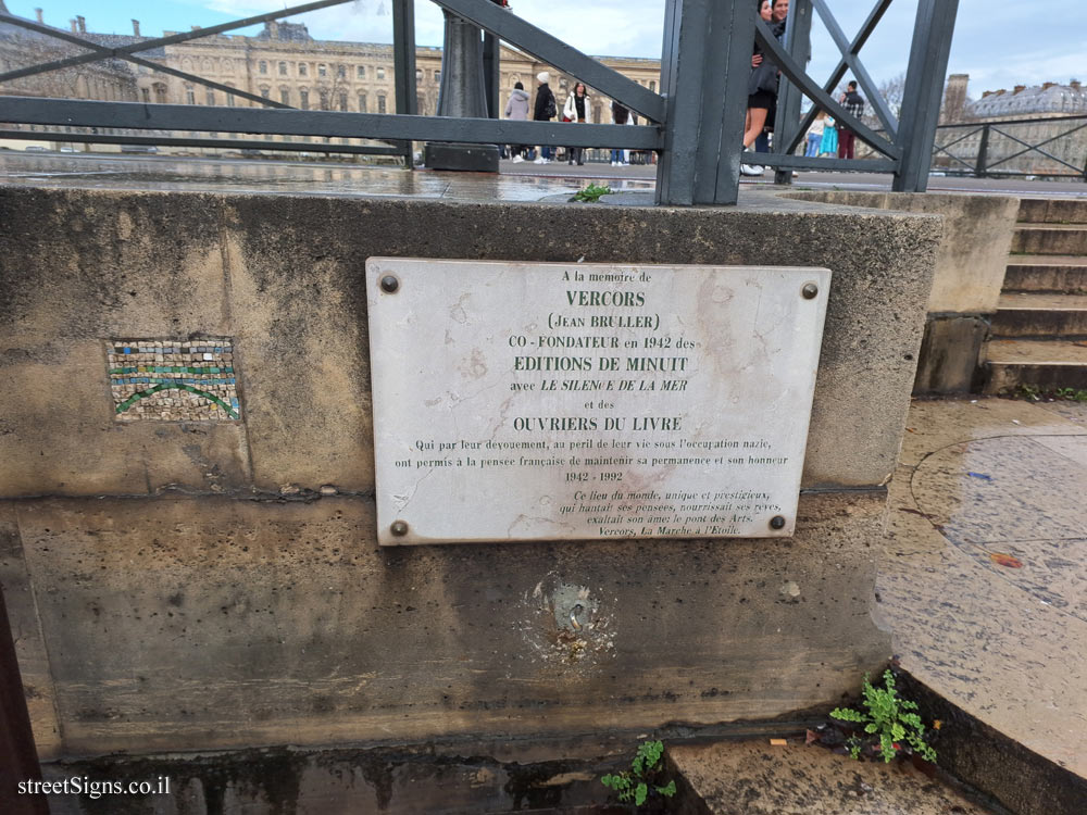 Paris - commemorative plaque for writer Jean Bruller - 2 Prom. Marceline Loridan-Ivens, 75006 Paris, France
