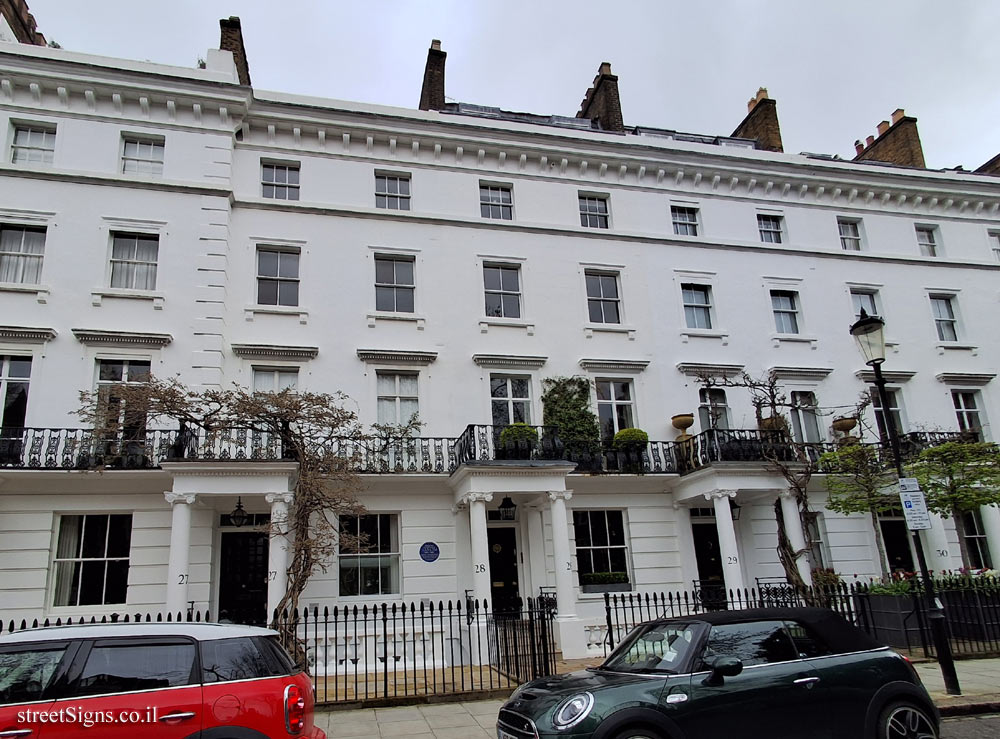 London - Commemorative plaque in the house where the architect Joseph Hansom lived - 27 Sumner Pl, South Kensington, London SW7 3NT, UK