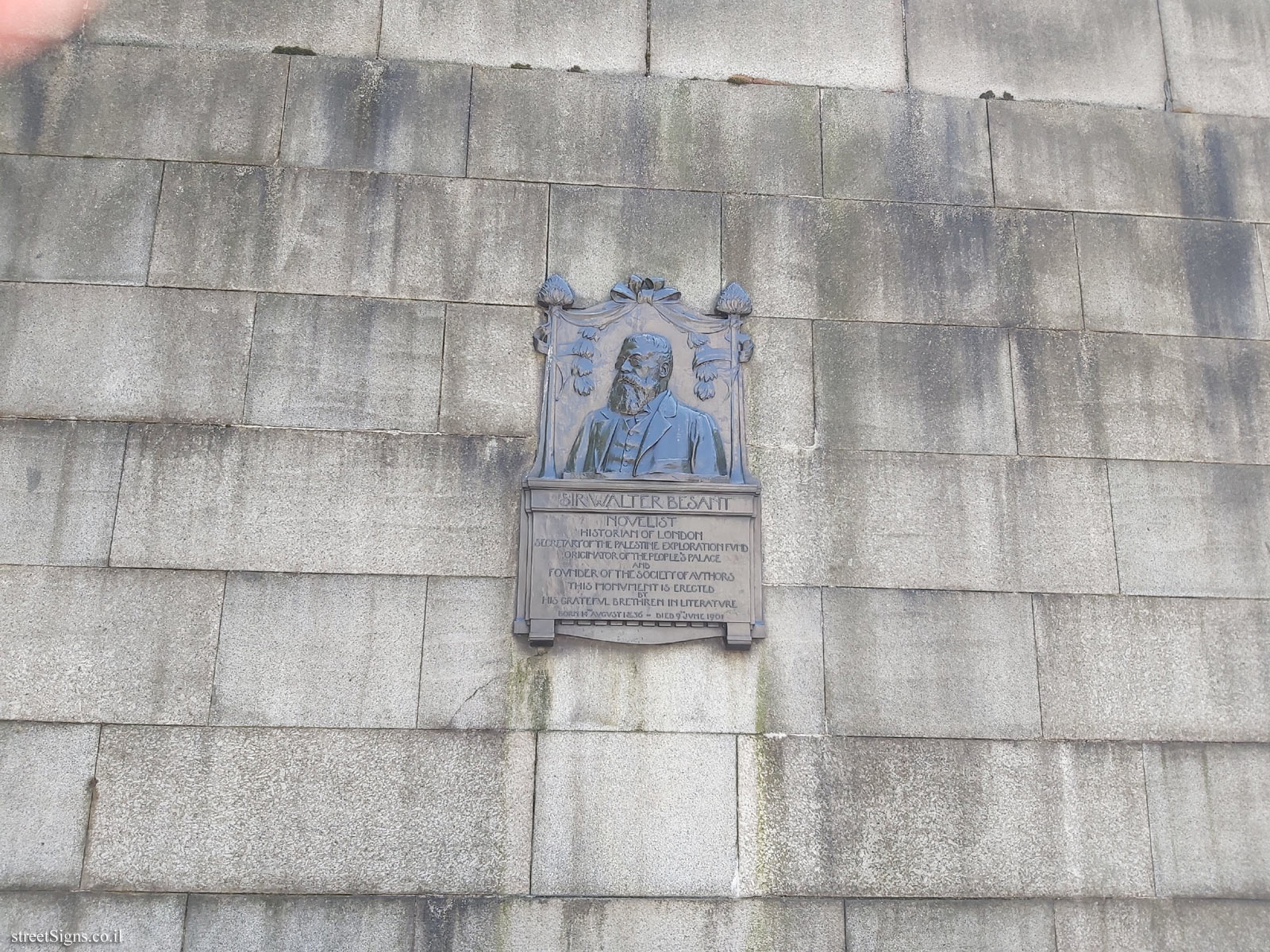 A memorial plaque to Sir Walter Besant - Waterloo Bridge, London SE1 9PX, UK