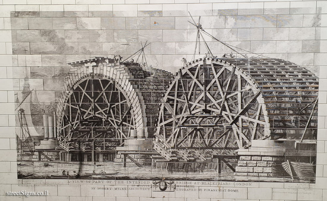 London - Historical Illustrations of Blackfriars Bridge in the Underpass - Illustration of the first bridge under construction (1763)