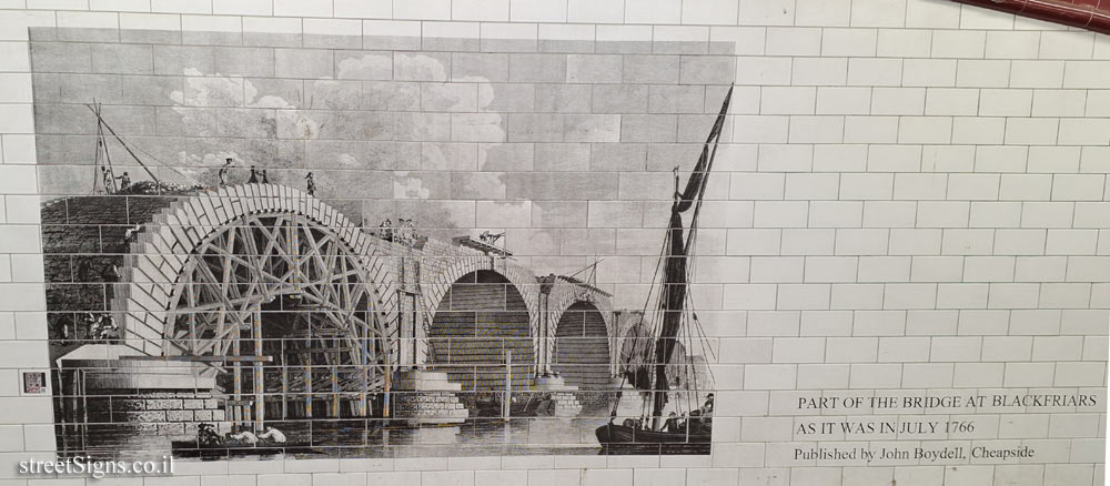 London - Historical Illustrations of Blackfriars Bridge in the Underpass - Another illustration of the first bridge during its construction  (1766)