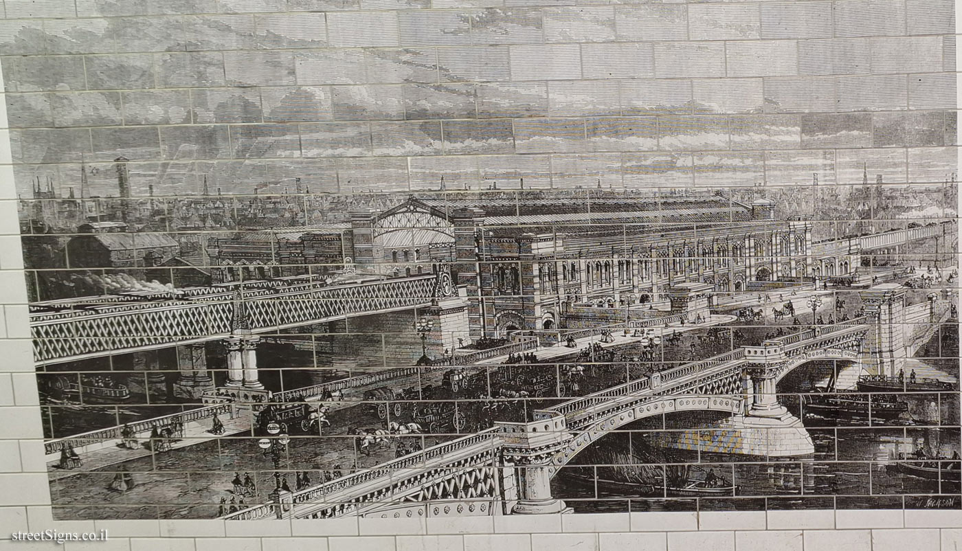 London - Historical Illustrations of Blackfriars Bridge in the Underpass - A view of the new bridge and the train station (1863)
