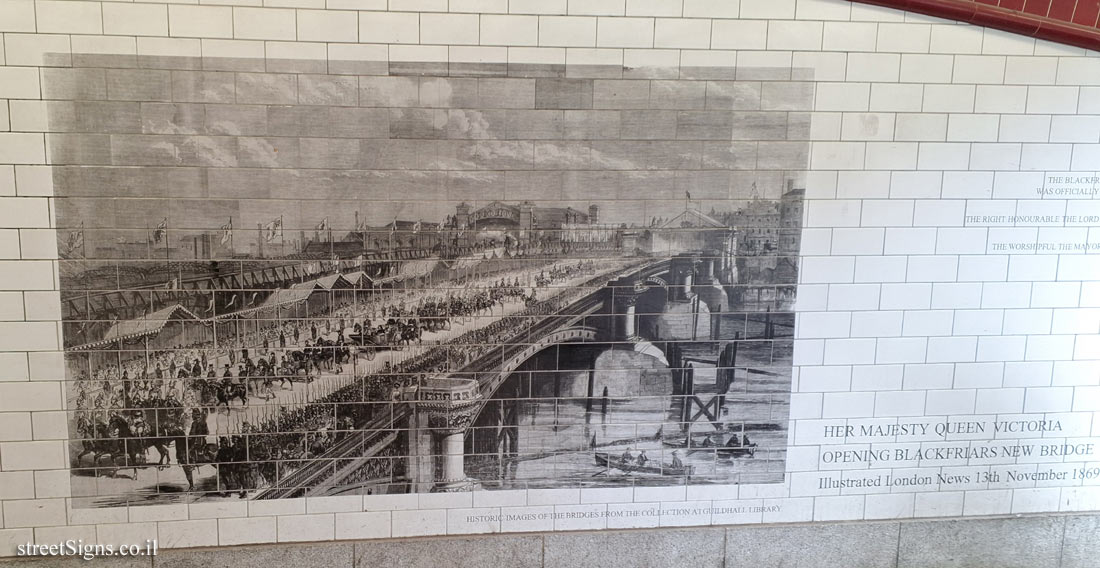 London - Historical Illustrations of Blackfriars Bridge in the Underpass - The opening of the new bridge by Queen Victoria (1869)