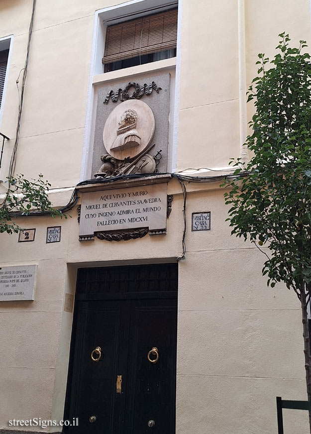 Madrid - Memorial plaque in the house where the writer Miguel de Cervantes lived - Calle de Cervantes, 2, Centro, 28014 Madrid, Spain