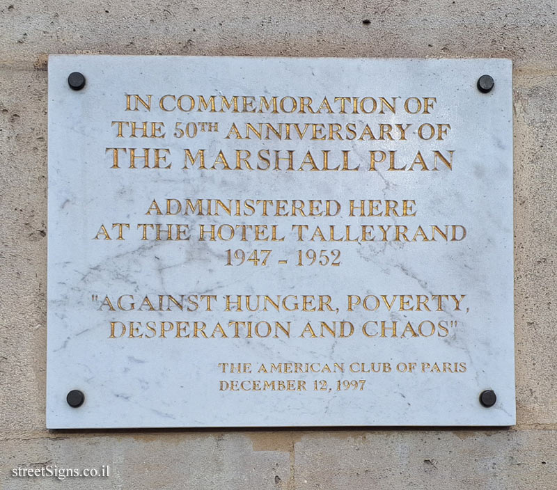 Paris - A sign erected to commemorate the 50th anniversary of the Marshall Plan - 258 Rue de Rivoli, 75001 Paris, France