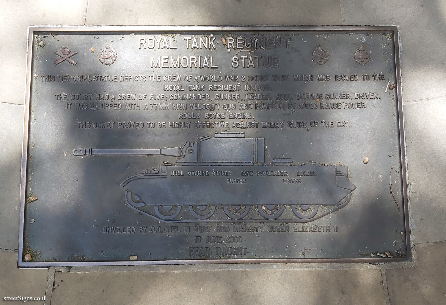 London - A plaque before the Royal Tank Regiment Memorial