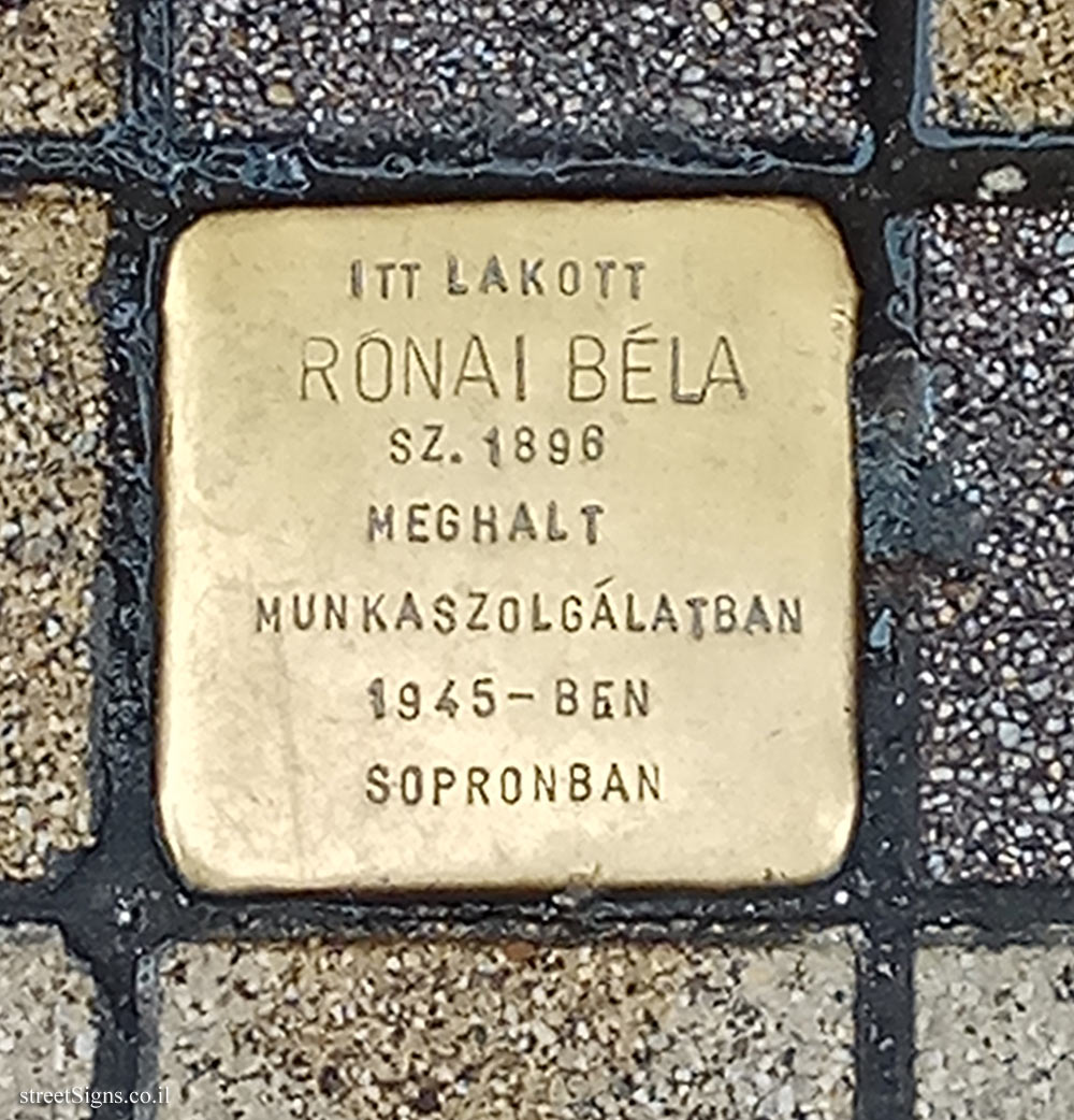 Budapest - Memorial plaque (Stolpersteine) for Rónai Béla who perished in the Holocaust