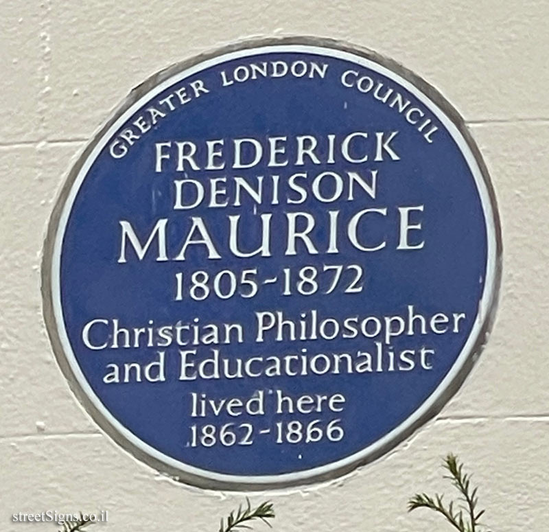 London - A memorial plaque where the theologian Frederick Denison Maurice lived