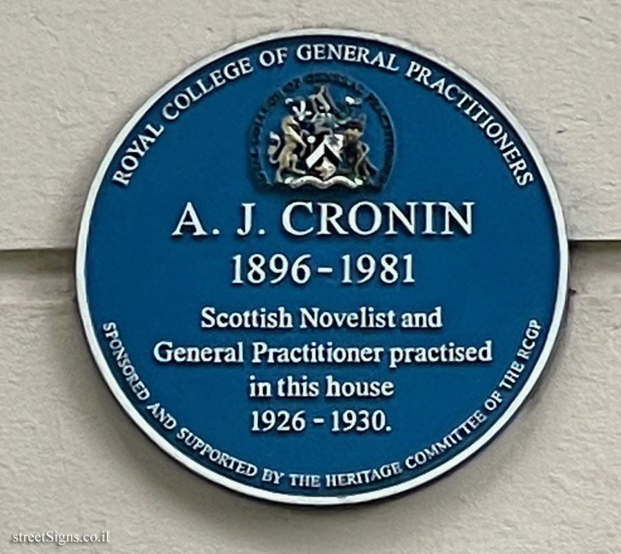 London - Commemorative plaque on the clinic of physician and novelist Archibald Joseph Cronin