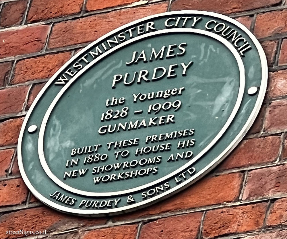 London - A memorial plaque on the site where James Purdey set up his showroom and workshops