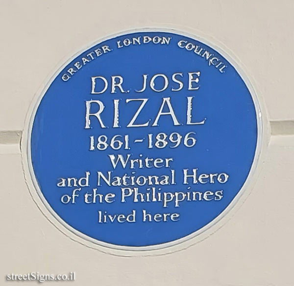 London - Memorial plaque where José Rizal, a national hero of the Philippines, lived