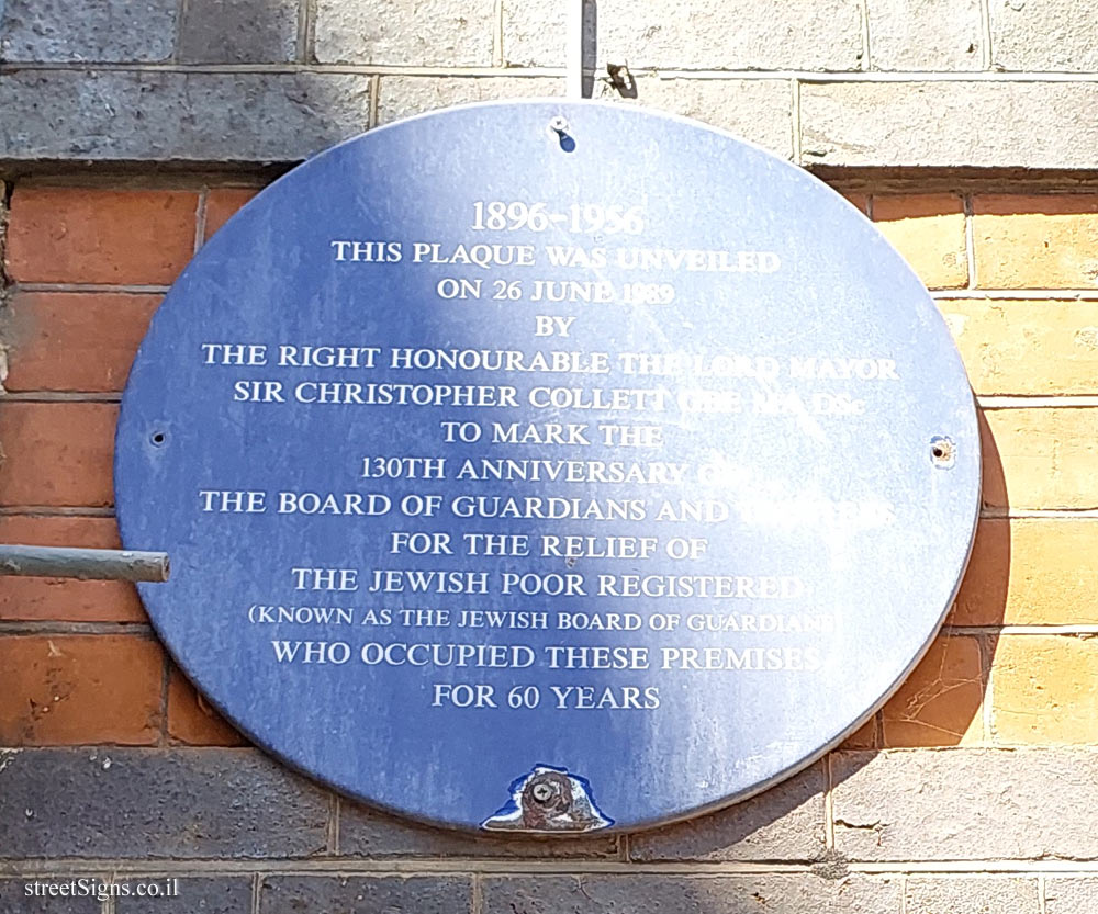 London - A memorial plaque on the site of the Jewish Board of Guardians
