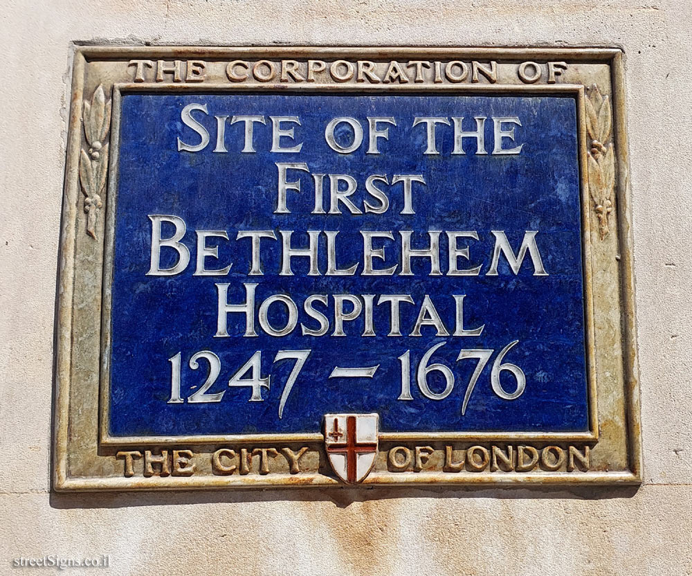 London - A memorial plaque on the first site Bethlem Hospital