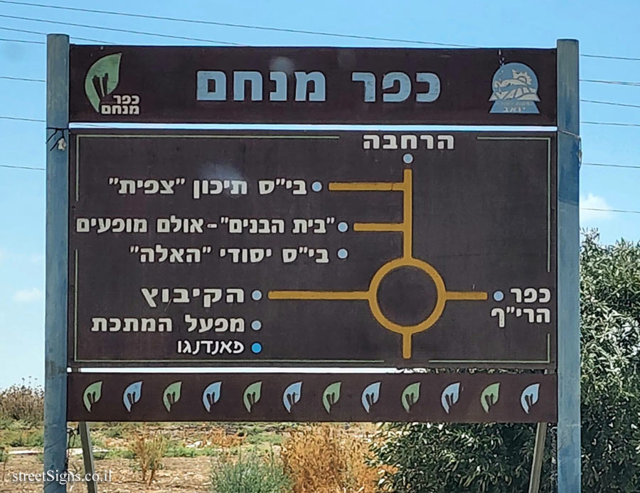 Kfar Menachem - the entrance sign to the kibbutz, and a schematic map of the area